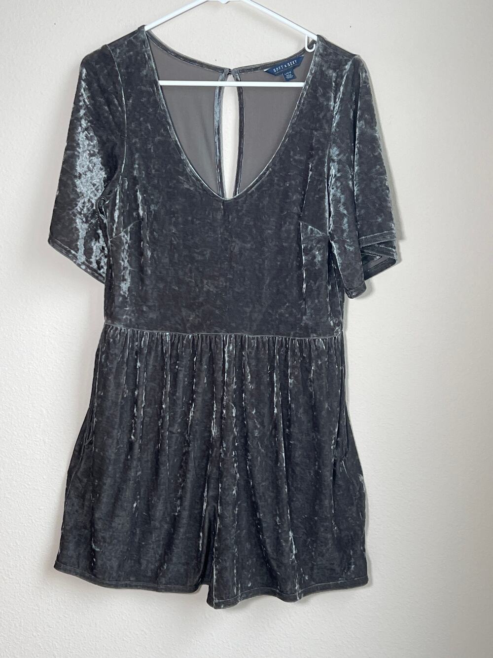 AE Soft & Sexy Olive Green Crushed Velvet Romper Boho Festival Large Pockets